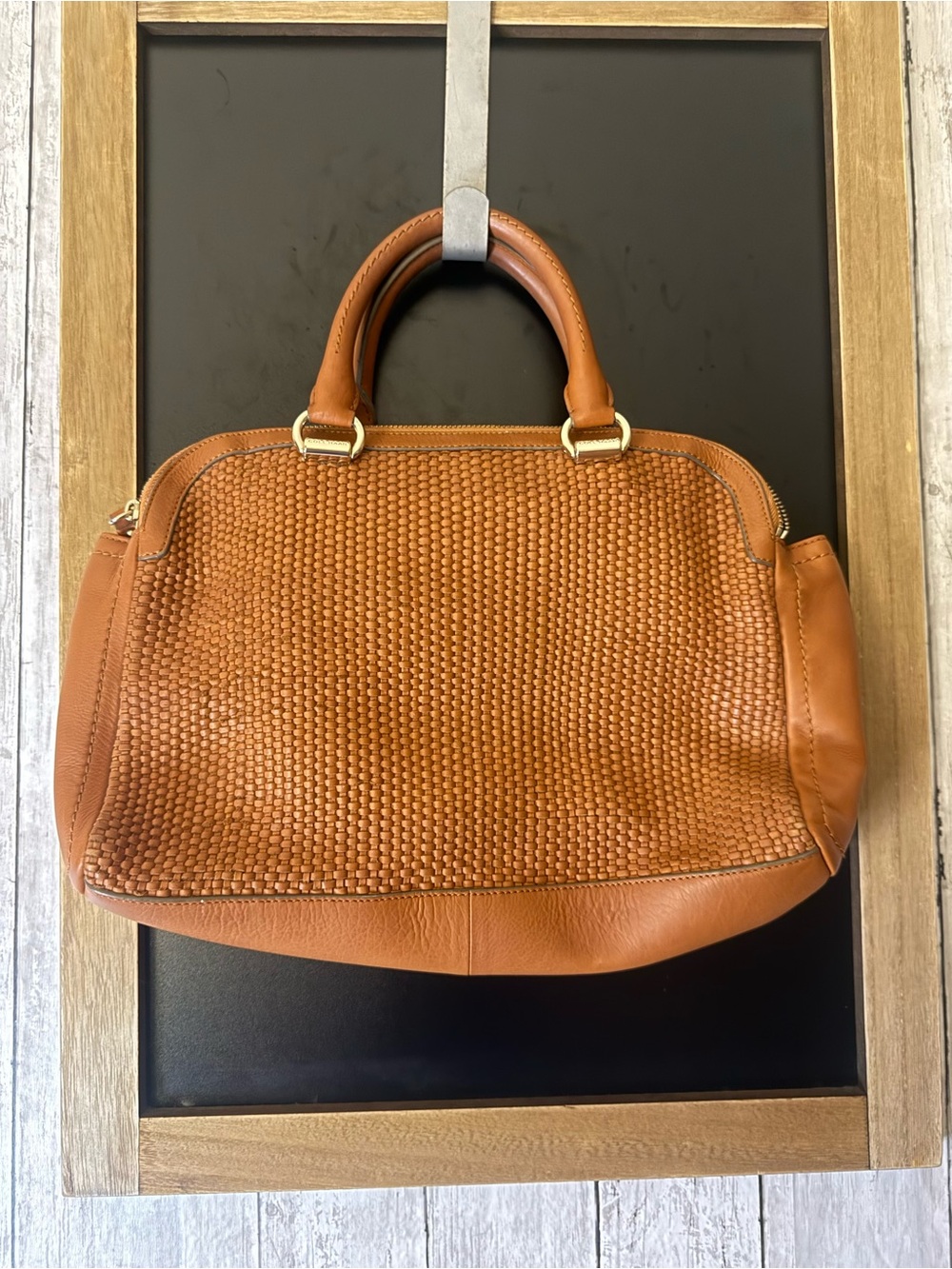 Cole Haan Tan Woven Leather Satchel Handbag Gold Hardware Cognac Shoulder Bag